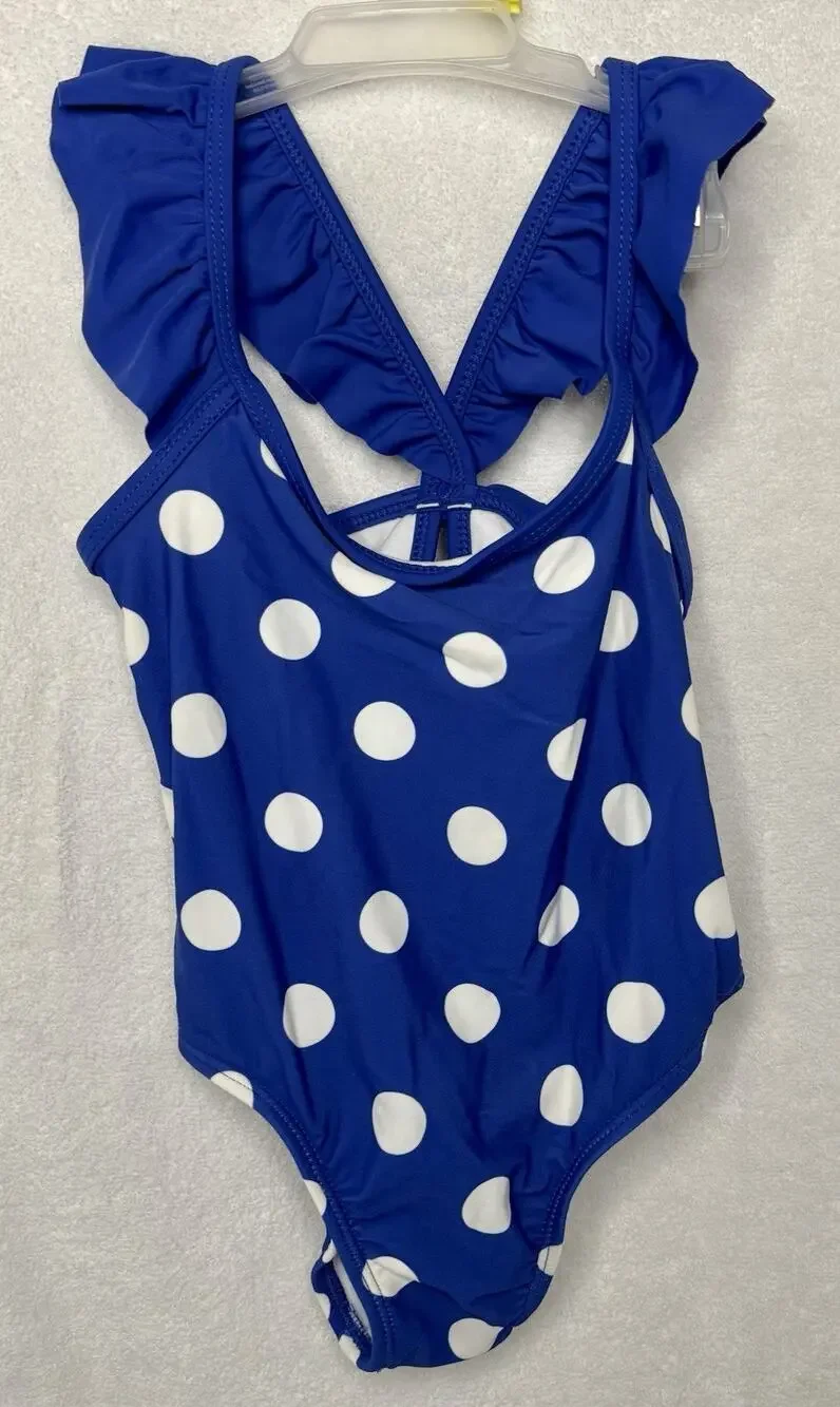 4T Toddler Girls Blue Polka Dot One-Piece Bathing Suit w/Ruffles, Keyhole Back